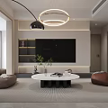 Modern Living and Dining Room Interior With Beige Sofa Round Coffee Table Chandelier Dining Table