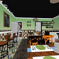 Cozy Restaurant Interior With Orange Chairs Dining Tables Colorful Framed Wall And Pendant Lights