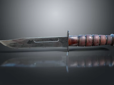 Sharp Tactical Knife With Metal Blade Wooden Handle And Ringed Texture On Dark Reflective Surface 3d model