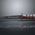 Sharp Tactical Knife With Metal Blade Wooden Handle And Ringed Texture On Dark Reflective Surface