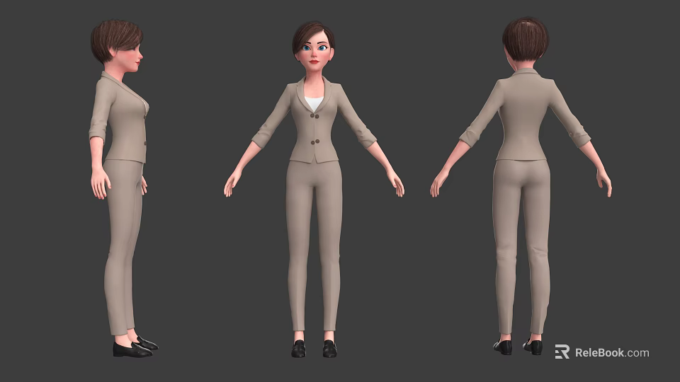 Professional Woman in Beige Suit with White Top and Black Shoes Three Views 3d model 