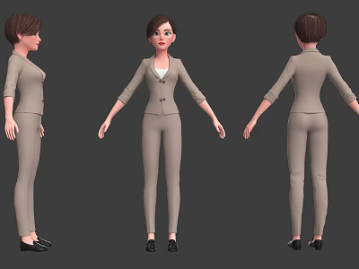 Professional Woman in Beige Suit with White Top and Black Shoes Three Views 3d model