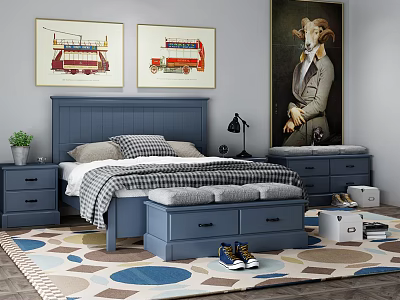 Blue Double Bed Frame With Nightstands Storage Chest And Colorful Dot Carpet 3d model