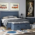 Blue Double Bed Frame With Nightstands Storage Chest And Colorful Dot Carpet