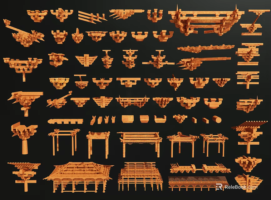 Ancient Architecture Traditional Wooden Brackets Beams And Roof Structures 3d model 