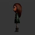 3D Cartoon Character With Long Red Hair Green Coat Yellow Buttons And Gray Boots