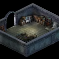 Vintage Room Interior With Stone Walls Arched Doorway Wooden Crates And Furniture