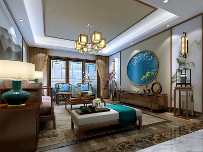 Traditional Chinese Living Room Interior With Chandelier Round Decorative Painting Sofa And Coffee Table 3d model