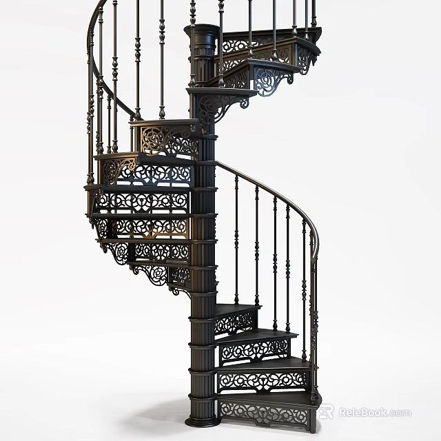 Elegant Intricate Metal Spiral Staircase with Decorative Railings and Ornate Steps 3d model 