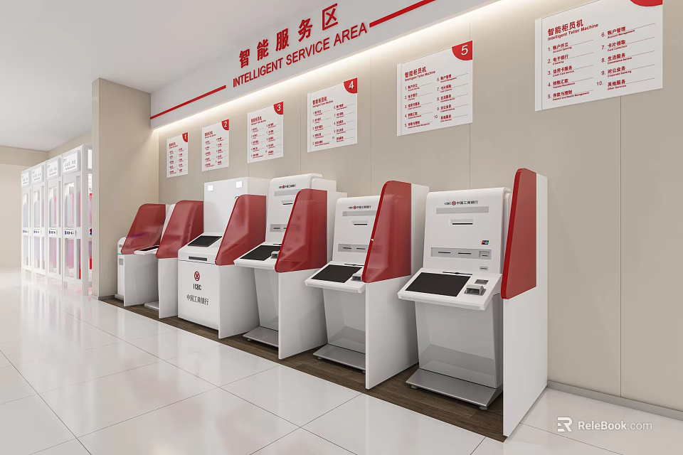 Bank Modern Intelligent Service Area With Self Service Terminals And Information Boards 3d model 