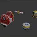 Colorful Daily Life Supplies Including Red Storage Container Yellow Cable Reel And Silver Metal Parts
