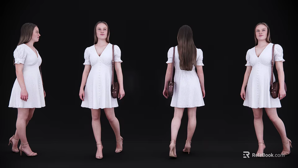 Woman in White Dress with Brown Bag Long Hair and High Heels from Different Angles 3d model 