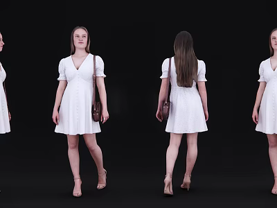 Woman in White Dress with Brown Bag Long Hair and High Heels from Different Angles 3d model