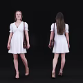 Woman in White Dress with Brown Bag Long Hair and High Heels from Different Angles