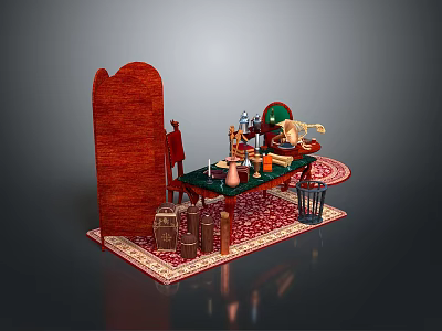 Wooden Stool With Curved Backrest Near Green Table On Patterned Rug 3d model