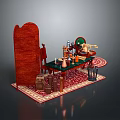 Wooden Stool With Curved Backrest Near Green Table On Patterned Rug