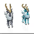 3D Animal Models With Golden Antlers White Gray Blue White Fur Standing On White Background