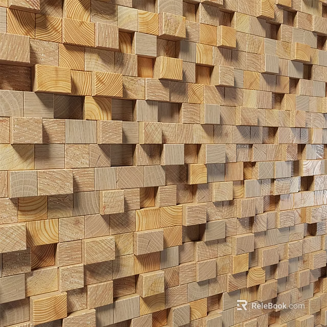 Natural Wooden Block Wall Decorative Design With Layered Cubes And Warm Wood Texture 3d model 