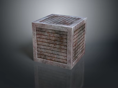 Rustic Metal Cube Structure with Grid Pattern Surface Design on Dark Reflective Background 3d model