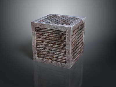 Rustic Metal Cube Structure with Grid Pattern Surface Design on Dark Reflective Background 3d model