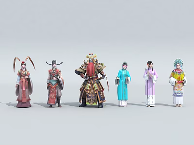 Group of Traditional Chinese Opera Figure Models in Colorful Costumes and Headdresses 3d model