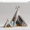 Small And Large Teepee Tents With Wooden Poles Colorful Pillows And Window Details