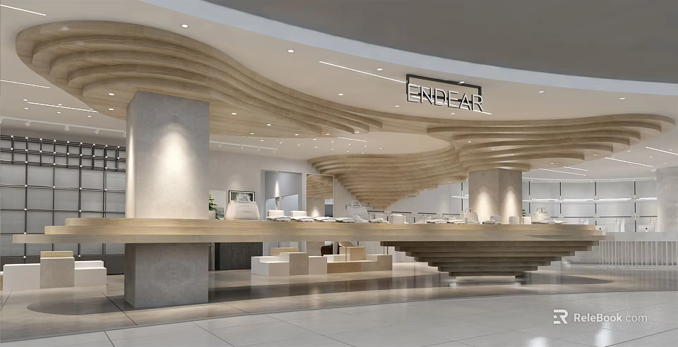 Modern Minimalist Clothing Store Interior With Wooden Staircase Design And Display Counters 3d model 