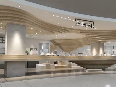 Modern Minimalist Clothing Store Interior With Wooden Staircase Design And Display Counters 3d model