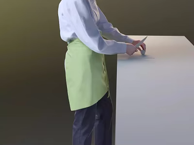 Woman in Light Blue Long-Sleeve Top and Green Apron Working at White Table Holding Tool 3d model