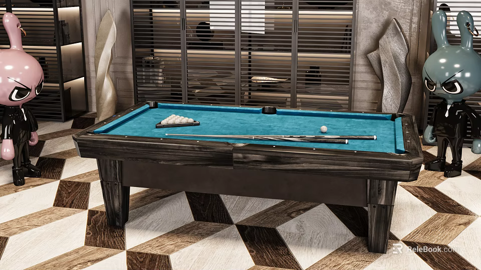 Modern Indoor Billiard Table With Blue Felt Surface And Billiard Balls Cue Stick 3d model 