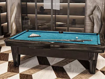 Modern Indoor Billiard Table With Blue Felt Surface And Billiard Balls Cue Stick 3d model