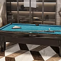Modern Indoor Billiard Table With Blue Felt Surface And Billiard Balls Cue Stick