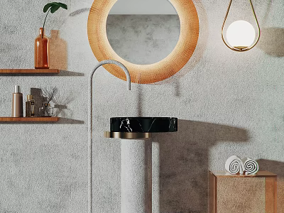 Modern Bathroom Washbasin With Circular Mirror Black Countertop Pedestal Base And Hanging Lamp 3d model