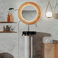 Modern Bathroom Washbasin With Circular Mirror Black Countertop Pedestal Base And Hanging Lamp