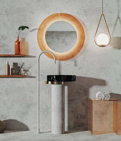 Modern Bathroom Washbasin With Circular Mirror Black Countertop Pedestal Base And Hanging Lamp 3d model