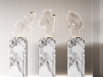Three Elegant Transparent Sculptures Placed On Marble Bases With Striped Wall 3d model
