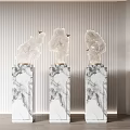 Three Elegant Transparent Sculptures Placed On Marble Bases With Striped Wall
