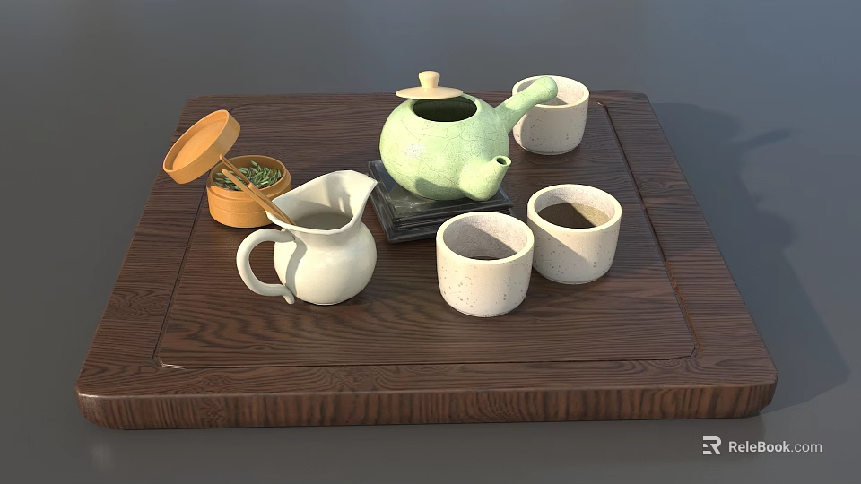 Traditional Tea Set with Green Teapot White Cups Tea Pitcher and Wooden Tray 3d model 