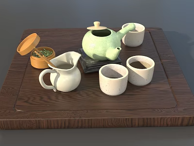 Traditional Tea Set with Green Teapot White Cups Tea Pitcher and Wooden Tray 3d model