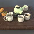 Traditional Tea Set with Green Teapot White Cups Tea Pitcher and Wooden Tray