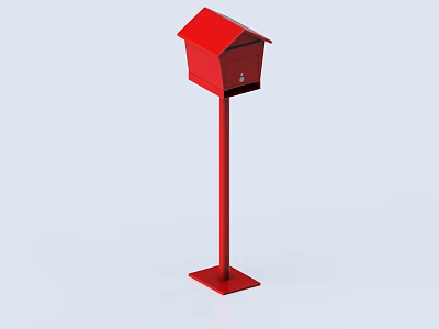 Red Standalone Mailbox Public Facility With Vertical Pole And Square Base 3d model