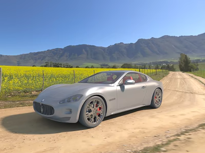 Silver Maserati Sports Car Parked On Dirt Road Near Yellow Flower Field And Mountains 3d model