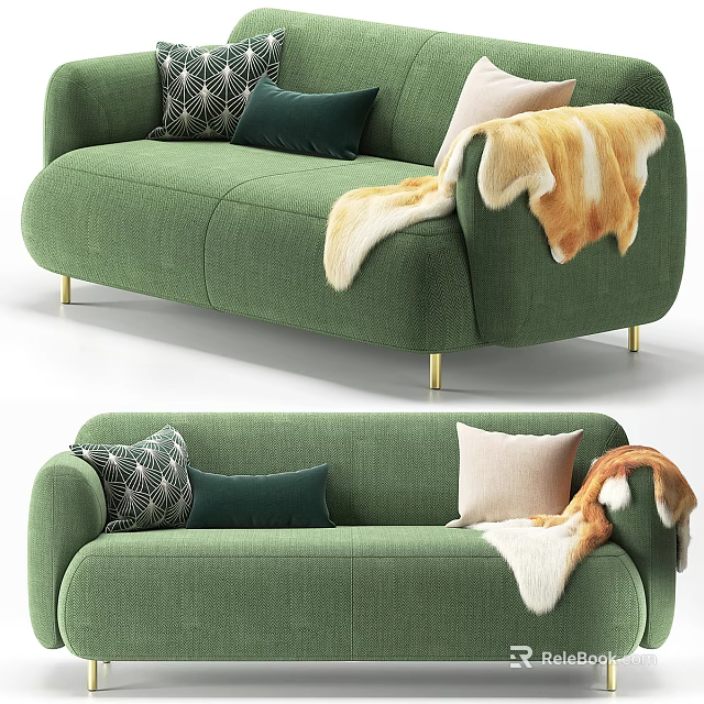 Green Upholstered Two Seater Sofa With Decorative Pillows Fur Throw And Golden Legs 3d model 