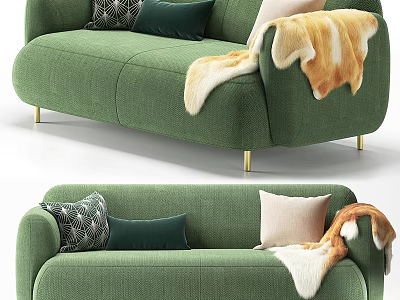 Green Upholstered Two Seater Sofa With Decorative Pillows Fur Throw And Golden Legs 3d model