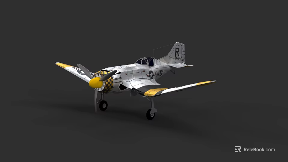 Vintage White And Yellow Fighter Aircraft With R Mark On Tail And Spiral Propeller 3d model 
