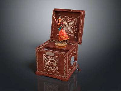 Decorative Ornament Set with Open Brown Carved Box Traditional Costume Figurine Intricate Patterns and Handle Detail 3d model
