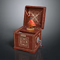 Decorative Ornament Set with Open Brown Carved Box Traditional Costume Figurine Intricate Patterns and Handle Detail
