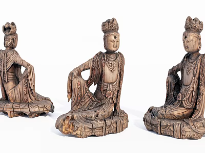 Traditional Handcrafted Wooden Bodhisattva Sculptures With Intricate Robes And Seated Posture 3d model