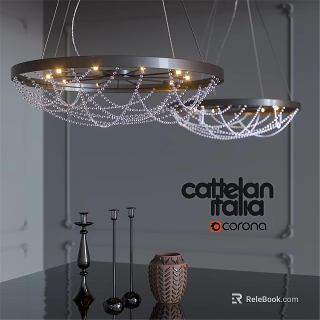 Elegant Double Chandelier With Crystal Beads And Metal Ring Frame Lighting 3d model 
