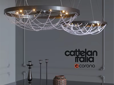 Elegant Double Chandelier With Crystal Beads And Metal Ring Frame Lighting 3d model